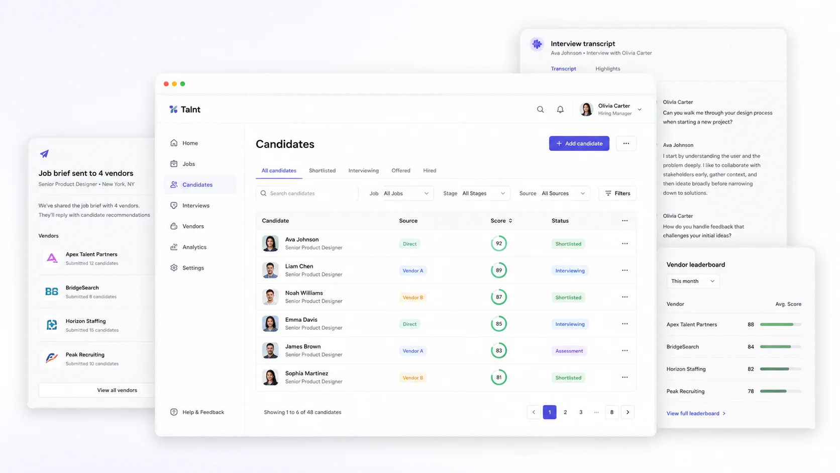 A job brief sent to four vendors (Apex Talent Partners, BridgeSearch, Horizon Staffing and Peak Recruiting), beside the candidate list it fills, each row tagged with the vendor that sent it and scored, with an interview transcript open and a vendor leaderboard ranking the four firms by average score.
