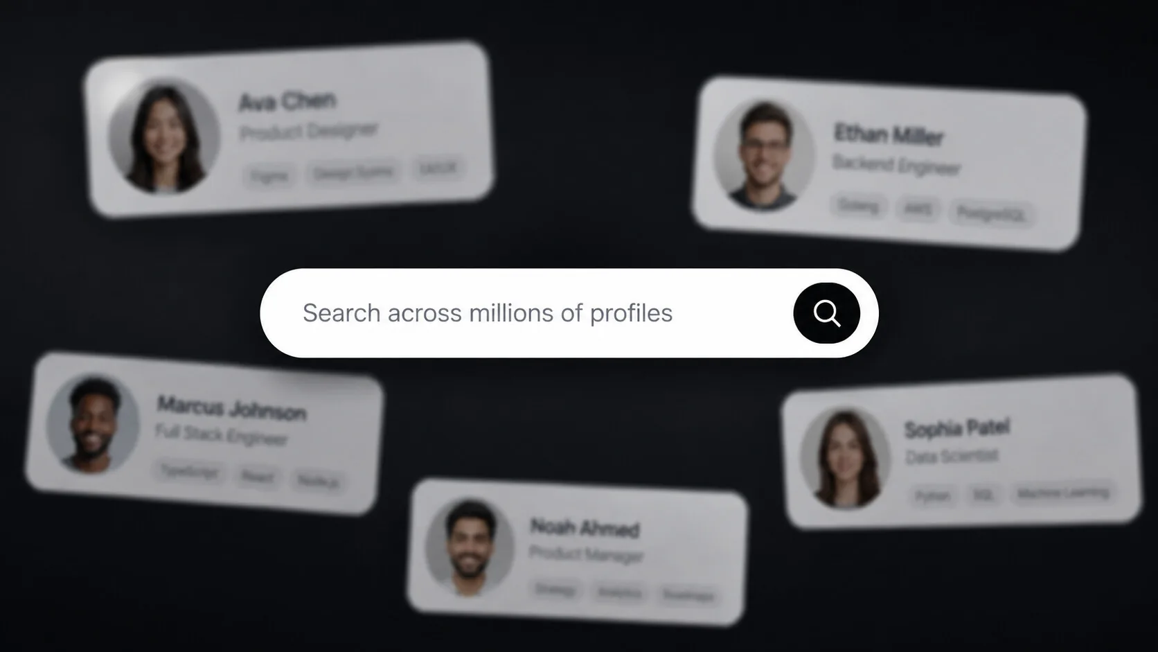 A search field reading “Search across millions of profiles”, surrounded by candidate cards for a product designer, backend engineer, full-stack engineer, product manager and data scientist, each tagged with their stack.